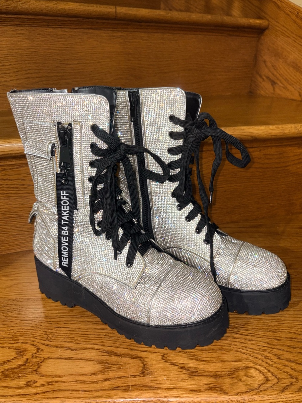 Dolls Kill Club Exx Billionaire Bling Rhinestone Combat Boots - 9